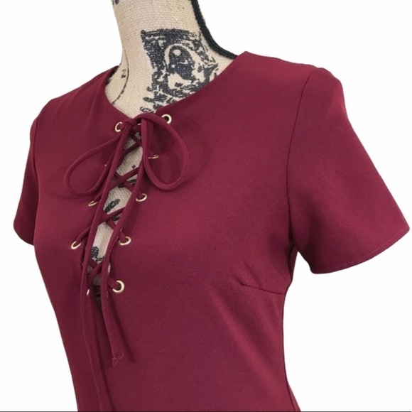 LULUS Burgundy Lace-up Short Sleeve Dress - Picture 4 of 6